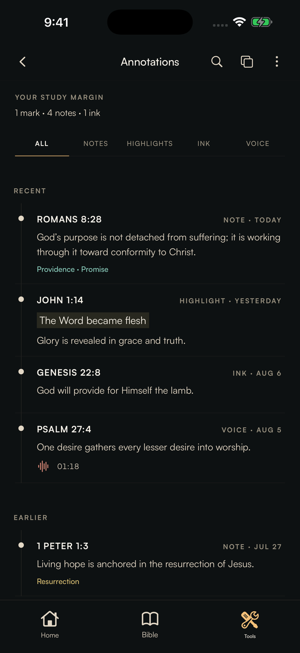 The current Behold annotation library with notes, highlights, ink, and voice entries