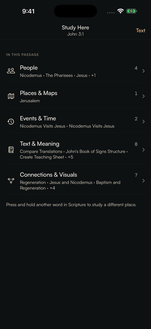 Behold Study Here lens connecting John 3 to people, places, events, meaning, and visuals