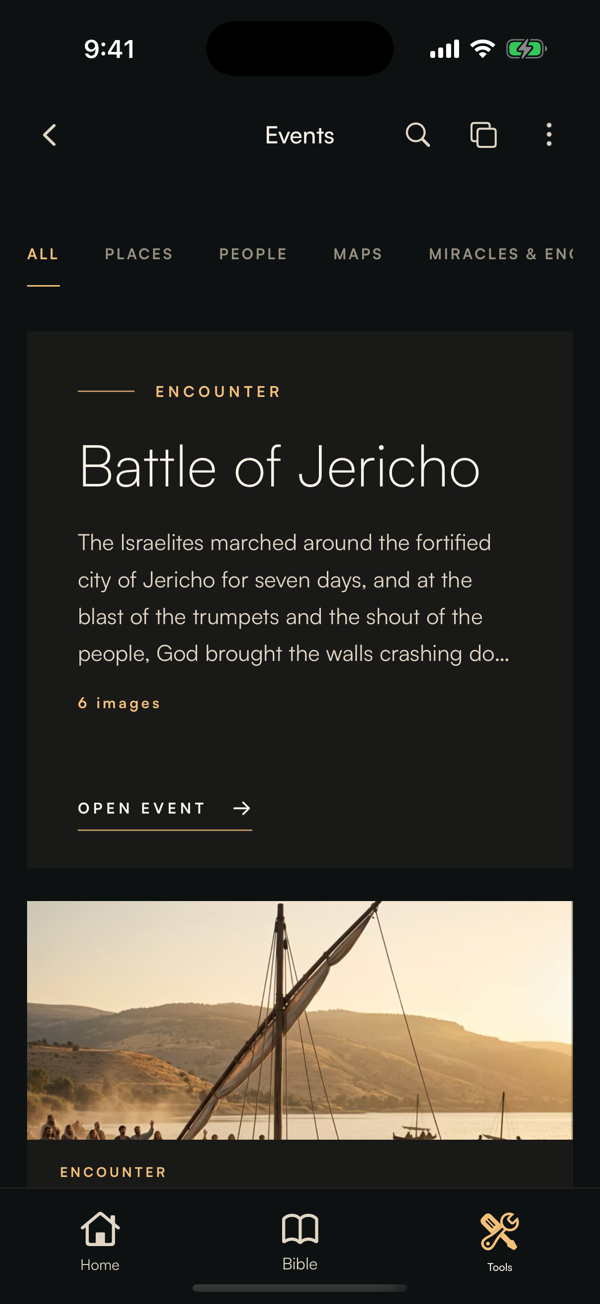 Behold Events on iPhone featuring the Battle of Jericho and its six visual scenes