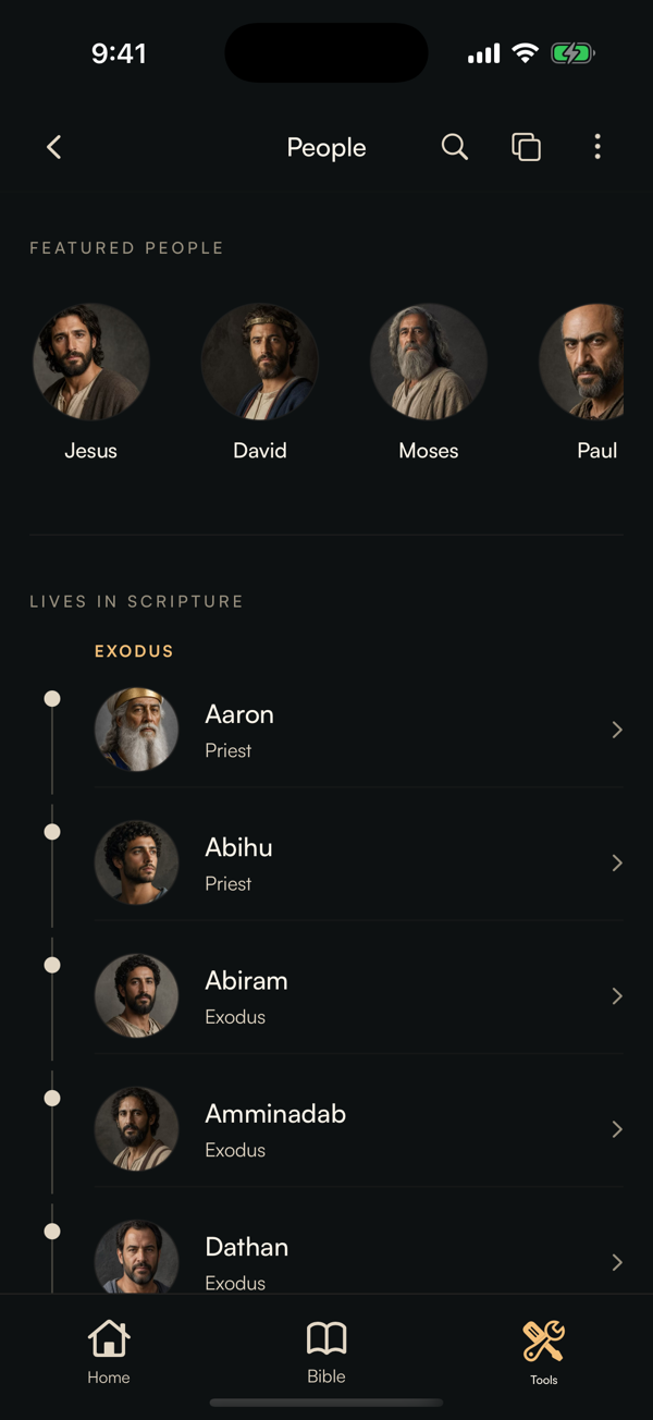 Behold People library on iPhone with portraits of Jesus, David, Moses, Paul, and lives in Scripture