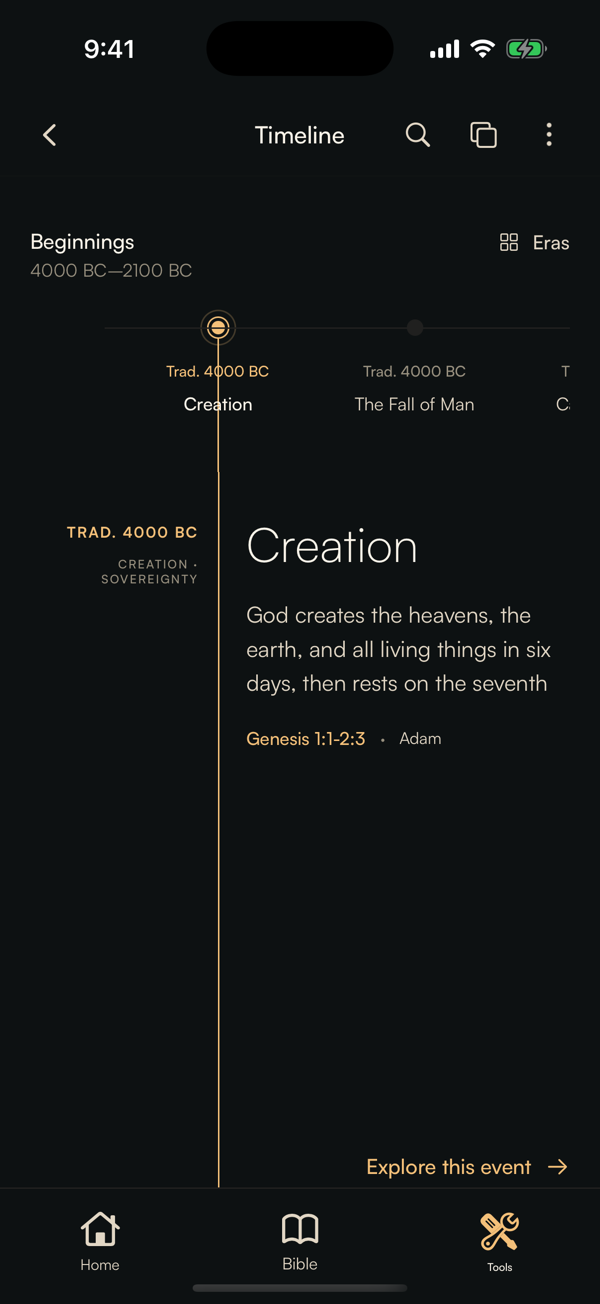 Behold Timeline on iPhone in Ember Night, moving from Creation into the Beginnings era