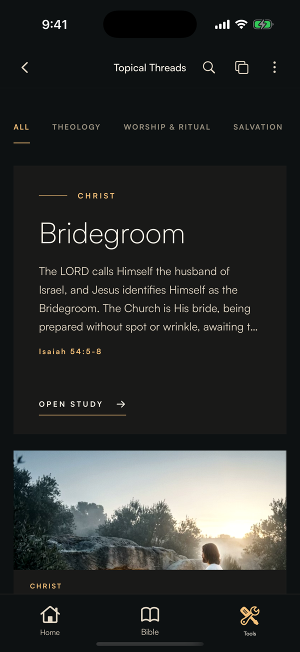 Behold Topical Threads on iPhone featuring the Bridegroom theme and guided studies